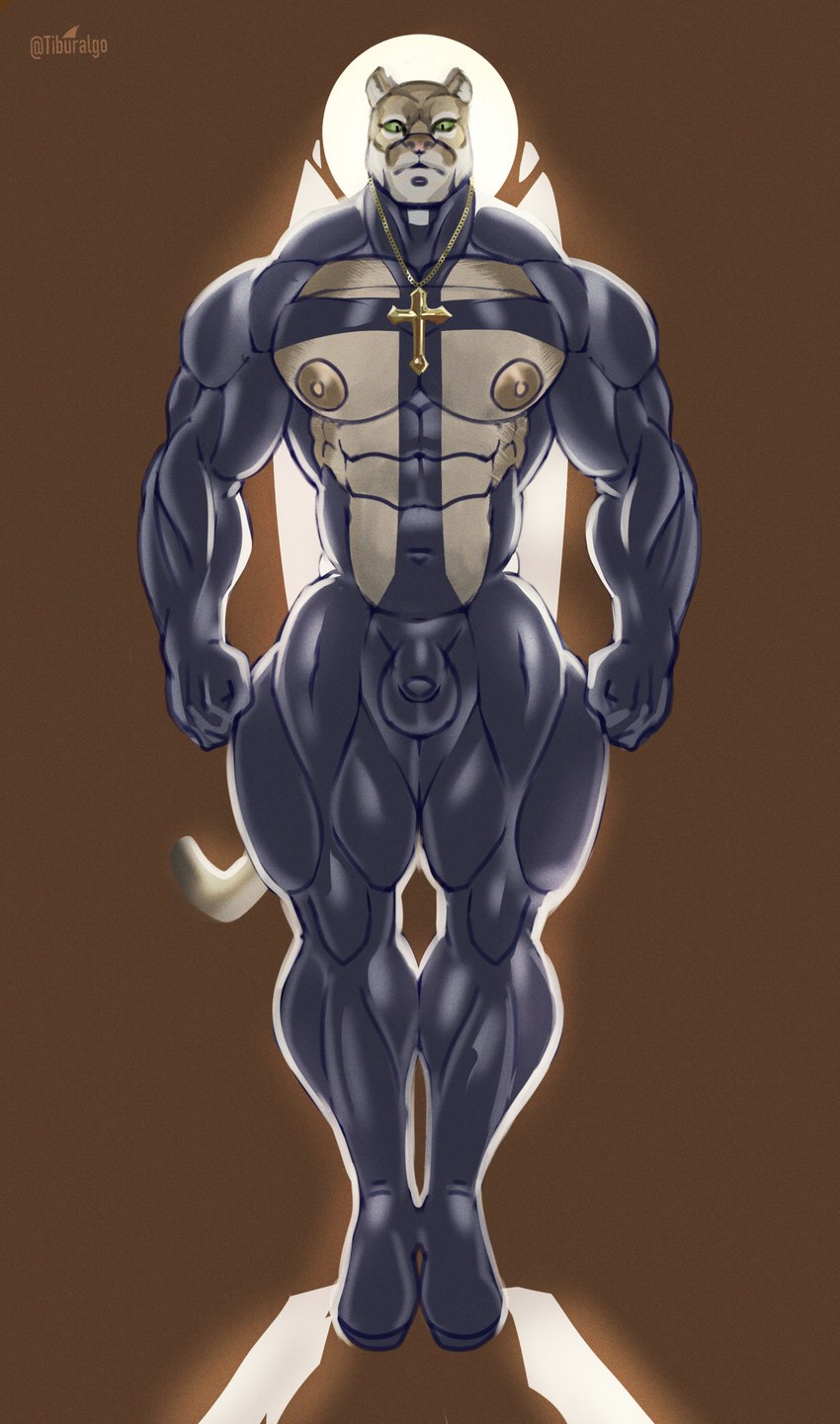 anthro balls black_latex boots bulge christian_symbol clothing detailed_bulge flaccid footwear front_view genitals latex latex_clothing latex_skinsuit male mature_male muscular muscular_anthro muscular_male nipples pecs penis priest religion religious_themes shoes skinsuit solo stern_look tight_clothing tiburalgo christianity cougar felid feline mammal absurd_res hi_res