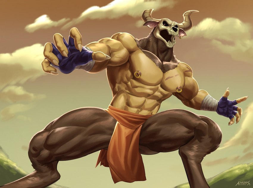 abs anthro bottomwear clothing ear_piercing horn loincloth male muscular muscular_male nipple_piercing nipples pecs piercing scar solo amon-sydonai the_legend_of_pipi minotaur_(the_legend_of_pipi) humanoid