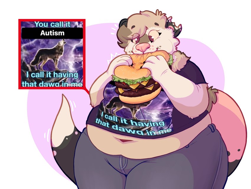 anthro belly belly_peeking_out big_belly big_breasts big_tail bottomwear breasts brown_eyes burger clothing cute_fangs eating eating_food eyebrows eyelashes fangs female food freckled_face freckles fur grey_bottomwear grey_clothing grey_pants holding_burger holding_food holding_object meme_shirt navel obese obese_anthro obese_female open_mouth overweight overweight_anthro overweight_female pants pear-shaped_figure pink_nose purple_clothing purple_shirt purple_topwear real shirt snout solo tail tan_body tan_fur tan_sclera teeth text text_on_clothing text_on_shirt text_on_topwear topwear wide_hips felinehexes meme_clothing american_opossum canid canine canis mammal marsupial wolf 2023 4:3 absurd_res cel_shading character_request digital_media_(artwork) english_text hi_res meme shaded