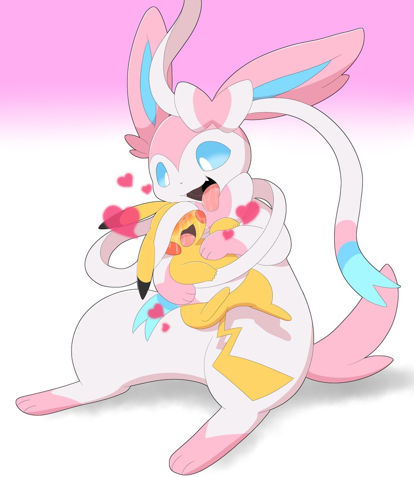 bdsm blush bodily_fluids bondage bound bow_(anatomy) draining drooling duo ear_bow_(anatomy) forced forced_kiss heart_symbol kissing neck_bow_(anatomy) ribbon_bondage ribbons saliva size_difference sweat parupoke nintendo pokemon eeveelution generation_1_pokemon generation_6_pokemon pikachu pokemon_(species) sylveon hi_res