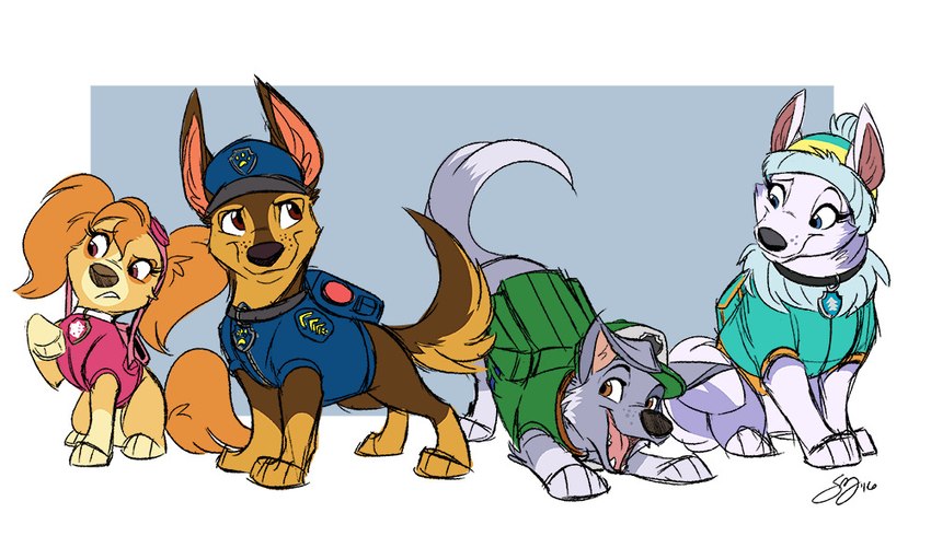 ass_up backpack clothed clothing collar female feral group hat headgear headwear looking_aside looking_at_another male open_mouth police police_uniform raised_tail simple_background tail tongue uniform probablyfakeblonde nickelodeon paw_patrol chase_(paw_patrol) everest_(paw_patrol) rocky_(paw_patrol) skye_(paw_patrol) canid canine canis cockapoo domestic_dog german_shepherd herding_dog husky mammal mixed_breed nordic_sled_dog pastoral_dog spitz 2016