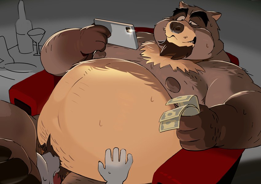 anthro belly brown_body cellphone duo electronics genitals humanoid_hands implied_oral kemono male mature_male money moobs nipples nude obscured_oral obscured_sex oral overweight overweight_male penis phone prostitution sex sitting smartphone solo_focus motogen bear canid canine mammal raccoon_dog tanuki 2021