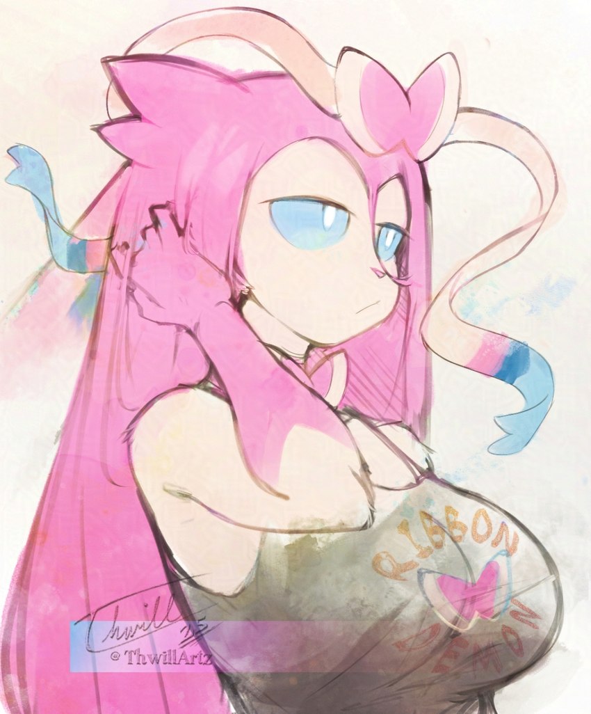 :< anthro big_breasts blue_eyes bow_(feature) breasts clothed clothing female fur grey_clothing grey_shirt grey_topwear hair hand_on_head long_hair looking_at_another multicolored_body multicolored_fur pink_body pink_ears pink_fur pink_nose pokemorph shirt simple_background solo tank_top text text_on_clothing topwear white_background white_body thwillartz nintendo pokemon vince_(thwillartz) eeveelution generation_6_pokemon mammal pokemon_(species) sylveon 2025 artist_name colored digital_media_(artwork) digital_painting_(artwork) english_text half-length_portrait hi_res painting_(artwork) portrait shaded signature watercolor_(artwork)