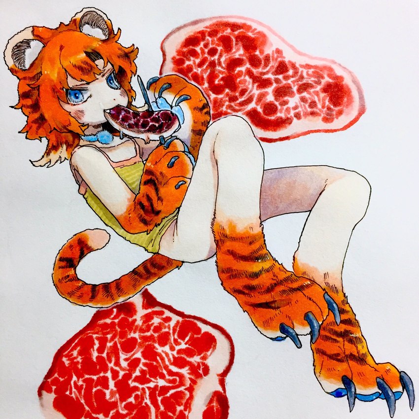 animal_arms animal_legs bottomless clothed clothing eating female food meat solo striped_body stripes dayohiko animal_humanoid felid felid_humanoid humanoid mammal mammal_humanoid pantherine pantherine_humanoid tiger_humanoid 1:1 hi_res traditional_media_(artwork)