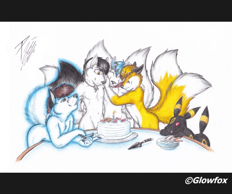 anthro birthday black_body black_border black_fur black_hair black_nose black_tail blue_hair border brown_eyes brown_hair cake candle collar cutlery dessert dipstick_tail eyes_closed feral food fur group hair half-closed_eyes happy hug jewelry kitchen_utensils licking licking_lips male markings multicolored_body multicolored_fur multicolored_tail narrowed_eyes navel necklace nude plate red_sclera self_lick simple_background smile spoon tail tail_markings tongue tongue_out tools two_tone_body two_tone_fur white_background white_body white_fur white_tail yellow_body yellow_eyes yellow_fur glowfox nintendo pokemon felipe_rinehart glowfox_(character) jake_(cruizer) jordan_rinehart canid canine canis eeveelution fox generation_2_pokemon mammal pokemon_(species) umbreon wolf 2011 signature