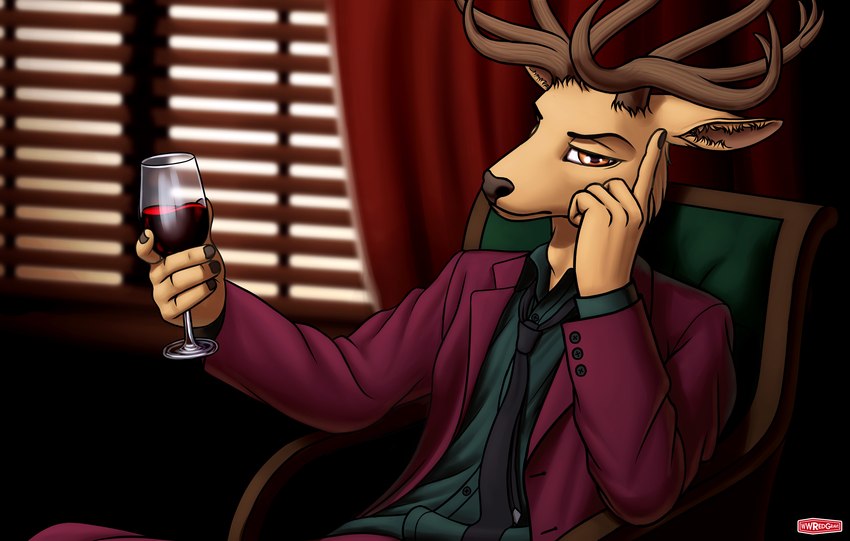 5_fingers alcohol anthro beverage blinds brown_body brown_fur chair clothing container cup curtains drinking_glass finger_on_head fingers fur furniture glass glass_container glass_cup male necktie purple_clothing sitting solo suit wine wine_glass wwredgrave beastars netflix louis_(beastars) cervine deer mammal red_deer 2021 hi_res