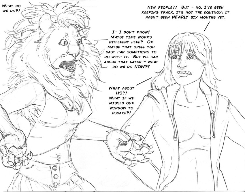 anthro clothed clothing dialogue duo female fur hair hoodie male midriff navel nipple_outline open_clothing open_mouth open_shirt open_topwear shirt text topwear whiskers arania the_cabin_in_the_woods_(arania) amanda_(tcitw) jack_(tcitw) armadillo_girdled_lizard felid girdled_lizard lion lizard mammal pantherine reptile scalie comic english_text hi_res monochrome