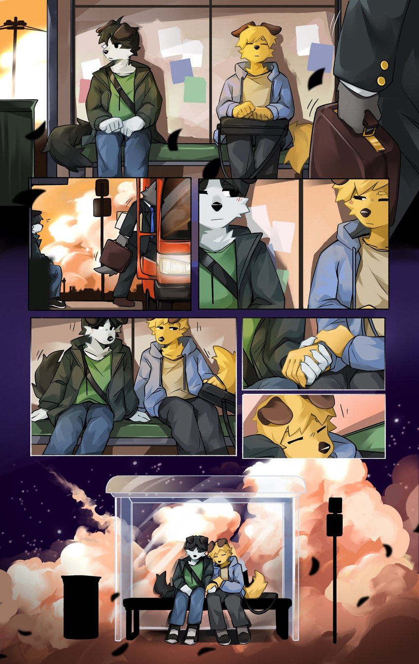 anthro blush blush_lines bus bus_stop clothed clothing commercial_vehicle cuddling detailed_background duo duo_focus eye_contact floppy_ears fully_clothed group hand_holding looking_at_another male male/male outside power_lines power_pole public_transportation sleeping sunset trash_can vehicle everythingbagel canid canine canis domestic_dog mammal comic hi_res