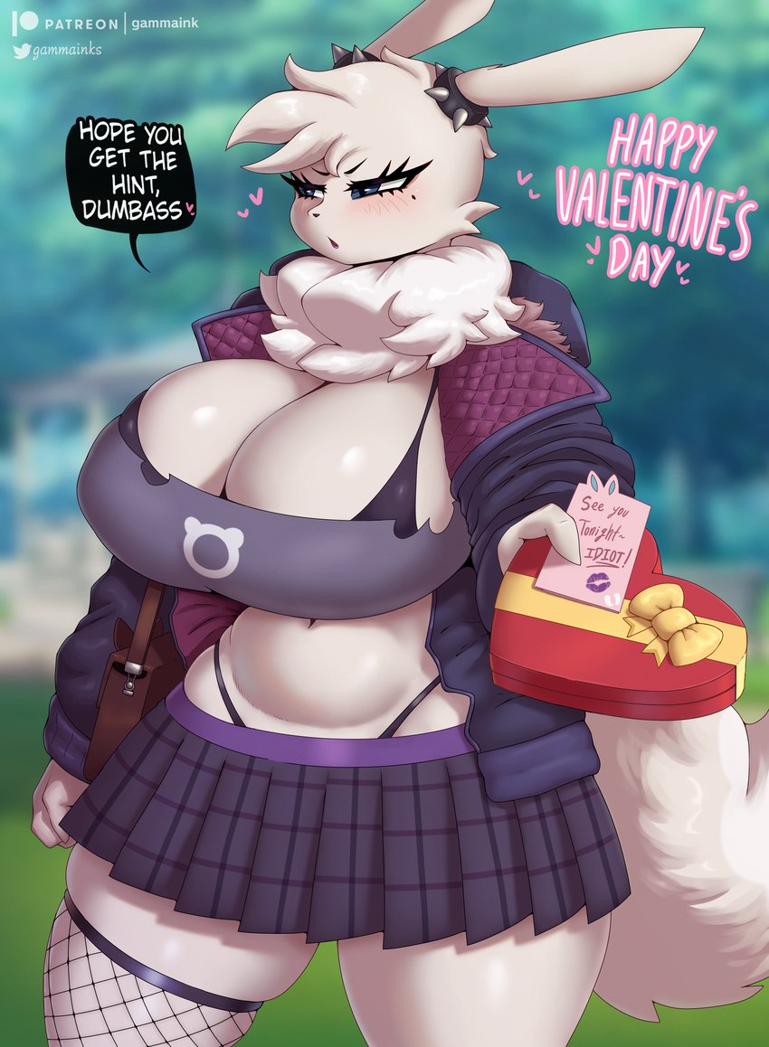 anthro big_breasts blurred_background blush bottomwear breasts cleavage clothed clothing dialogue eyebrows eyelashes female fishnet_clothing fishnet_legwear gift heart_symbol holding_object holidays huge_breasts kiss_mark legwear looking_away navel purse skirt solo squish text thick_thighs thigh_squish tsundere gammainks nintendo pokemon valentine's_day bianca_(gammainks) eevee generation_1_pokemon pokemon_(species) shiny_pokemon 2024 absurd_res artist_name digital_media_(artwork) english_text hi_res