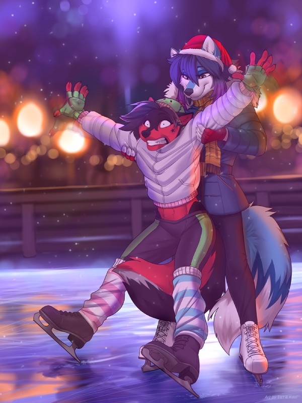 5_fingers anthro clothed clothing dipstick_tail duo female fingers hair ice_skating male markings purple_hair scared tail tail_markings koul inspy_rosewood canid canine canis domestic_dog husky mammal nordic_sled_dog spitz 2020 digital_media_(artwork) hi_res