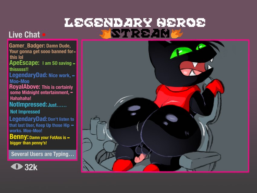 anthro backsack balls big_butt black_body black_fur bubble_butt butt chair chat exposed fur furniture genitals huge_butt livestream looking_at_viewer looking_back male open_mouth penis shaking_butt solo text thick_thighs simplybobcat cartoon_network mao_mao:_heroes_of_pure_heart sheriff_mao_mao_mao domestic_cat felid feline felis mammal 4:3 english_text hi_res