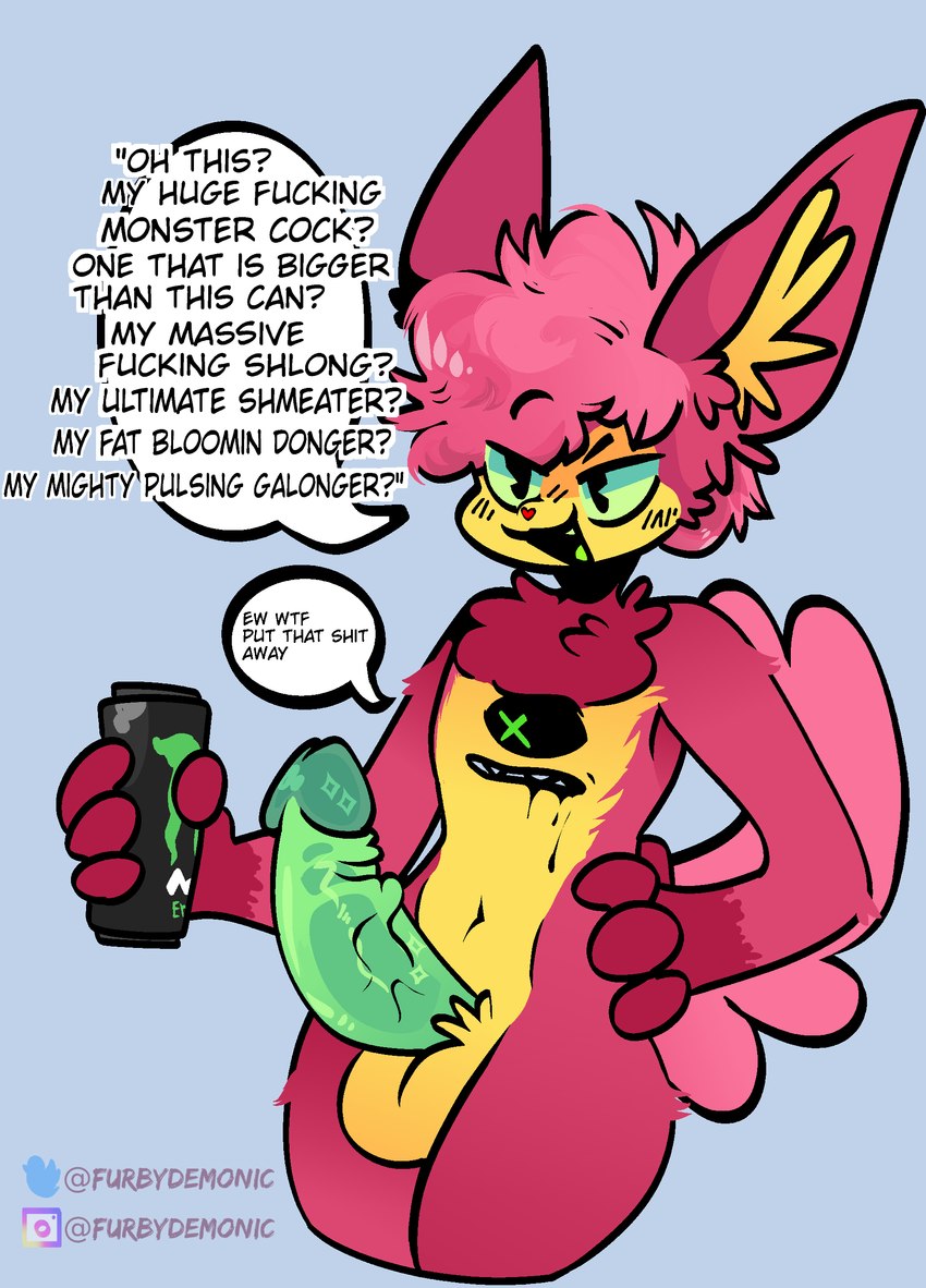 anthro balls belly beverage big_penis black_eyes bodily_fluids dialogue ear_tuft face_in_chest feminine_pose fur genitals glans green_eyes green_glans green_mouth green_penis hair heart_nose heart_symbol humor male monster_can_comparison penis pink_body pink_fur pink_hair pink_tail profanity saliva smug_face solo tail text tuft yellow_balls yellow_belly yellow_body yellow_fur furbydemonic monster_energy berri_(tattletail) tattletail_(species) absurd_res english_text hi_res meme