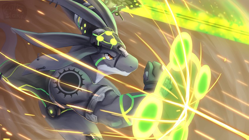 anthro energy_shield energy_sword glistening glistening_eyes green_markings grey_body male markings melee_weapon mouth_closed narrowed_eyes orange_eyes pupils slit_pupils solo sword weapon kuttoyaki 16:9 widescreen