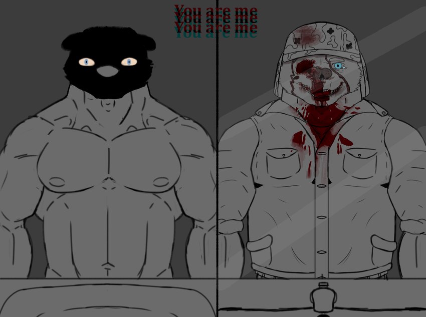 anthro blood blood_on_face bodily_fluids bone clothing duo face_hidden gore hat headgear headwear horror_(theme) looking_at_viewer male mirror mirror_reflection muscular muscular_male nude reflection simple_background sink skull standing tears text racingtime244 echo_(game) echo_(series) echo_project mr._bronson humanoid mammal mustelid otter