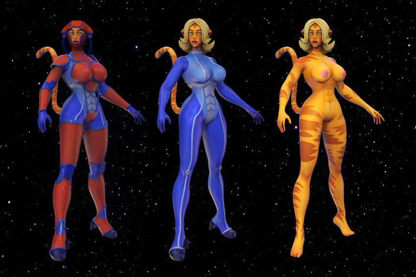 abs animal_ears armor blonde_hair bob_cut bodysuit butt clothing feet female fur hair latex latex_clothing latex_skinsuit long_legs nipples orange_body orange_fur rubber_clothing skinsuit solo space spacesuit star stripes tight_clothing vintmihal clixsposing_kitraandra kitraandra alien felid mammal pantherine tiger varkeeg 3d_(artwork) absurd_res digital_media_(artwork) hi_res model_sheet