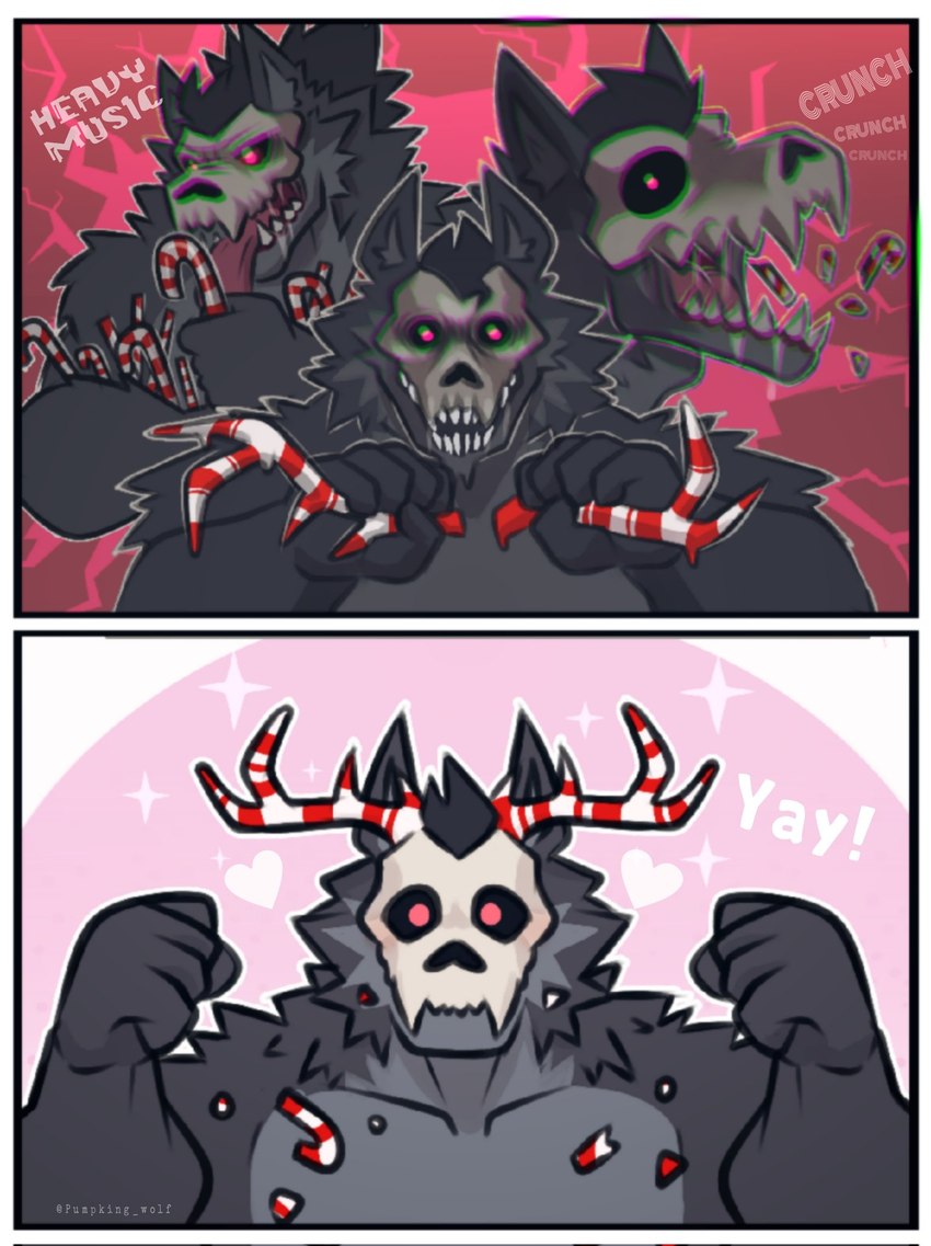 2_panel_comic 5_fingers anthro bodily_fluids candy candy_cane chewing dessert drooling fake_antlers fake_horns fingers fist food front_view fur grey_body grey_fur heart_symbol holding_candy_cane holding_food holding_object holidays licking male male_anthro mask onomatopoeia pink_eyes pink_tongue saliva saliva_string sharp_teeth skull_mask solo sound_effects teeth text tongue tongue_out white_mask white_text pumpking_wolf christmas mako_(pumpking_wolf) canid canine canis mammal wolf 2023 artist_name comic english_text hi_res