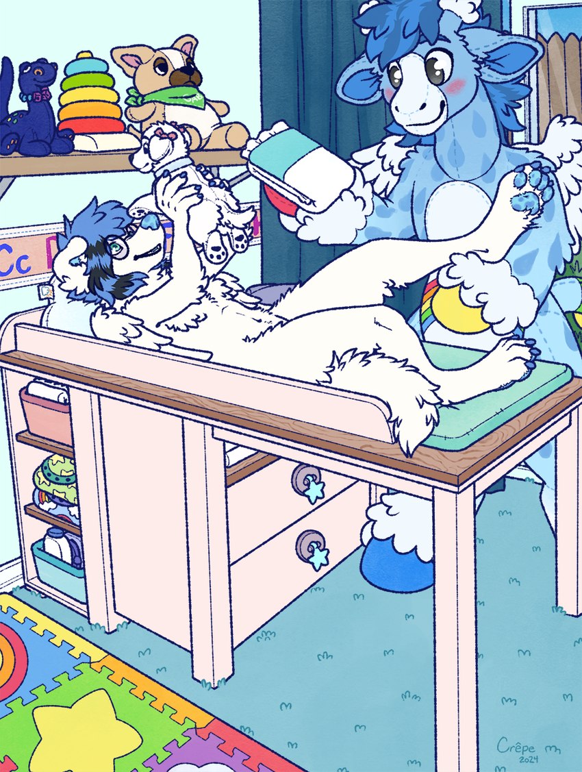 abdl ageplay ambiguous_gender anthro blue_eyes blue_hair blue_nose blue_pawpads carpet changing_table claws clean_diaper detailed_background diaper diaper_change duo eyewear feathered_wings feathers featureless_chest featureless_crotch folded_diaper fur glasses hair holding_diaper holding_object holding_plushie hooves infantilism lying male male/ambiguous nursery on_back pawpads paws plushie roleplay toe_claws touching_diaper toy wearing_glasses white_body white_fur wings crepepup angel animate_inanimate canid canine canis domestic_dog giraffe giraffid hybrid living_plushie mammal hi_res