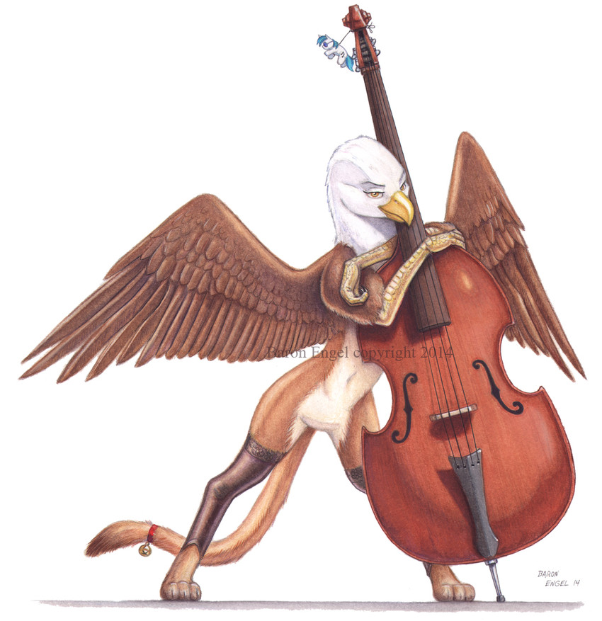 anthro bell bowed_string_instrument brown_body brown_feathers brown_fur claws clothed clothing digitigrade double_bass feathers featureless_crotch fur legwear mostly_nude musical_instrument scales simple_background solo spread_wings string_instrument thigh_highs white_background white_body white_feathers wide_hips wings yellow_eyes baron_engel friendship_is_magic hasbro my_little_pony mythology vinyl_scratch_(mlp) avian equid equine gryphon mammal mythological_avian mythological_creature 2014 traditional_media_(artwork) watermark