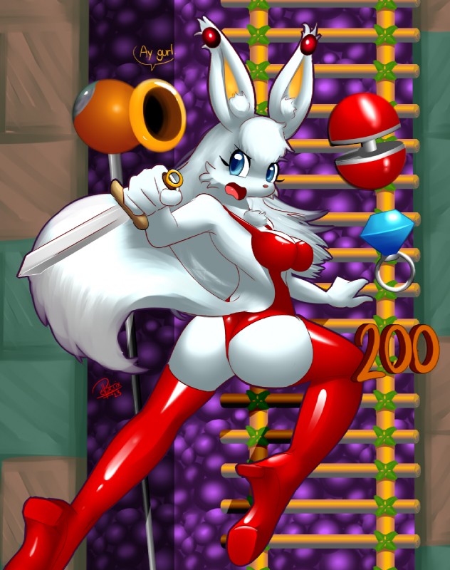 anthro biped blue_eyes boots breasts butt clothing female footwear hair high_heeled_boots high_heels legwear melee_weapon shoes solo sword text thigh_boots thigh_highs weapon elpatrixf kriyu lagomorph leporid mammal rabbit 2013 english_text hi_res