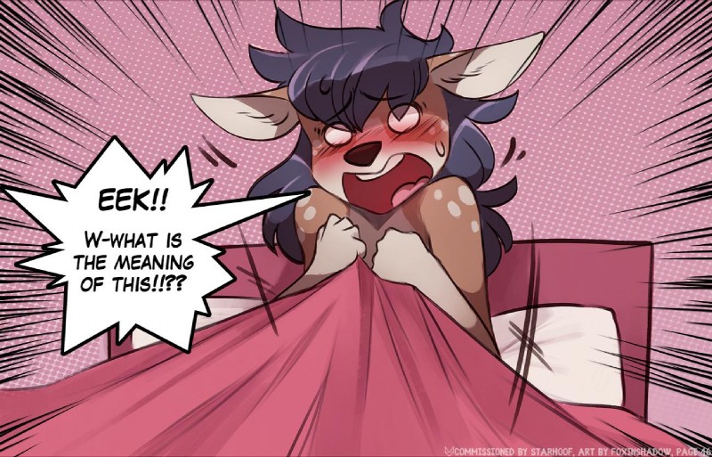 amber_eyes anthro blue_hair blush covering covering_self covering_up duo female fluffy fluffy_tail hair heart_symbol simple_background speech_bubble surprise surprised_expression tail text foxinshadow aldea_(character) deer mammal new_world_deer white-tailed_deer 2019 comic digital_media_(artwork) english_text shaded