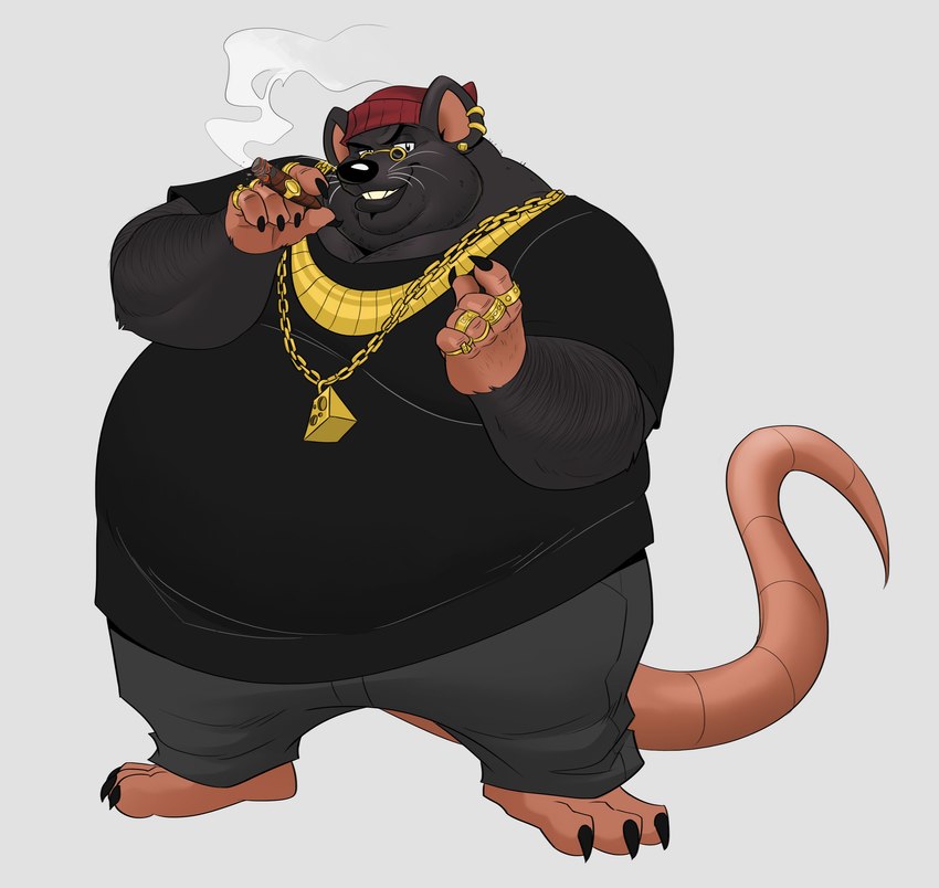 anthro belly big_belly black_body black_nose bottomwear clothing eyewear glasses hat headgear headwear humanoid_hands male obese obese_male overweight overweight_male pants shirt smoking solo topwear polartoons barnyard_(series) nickelodeon biggie_cheese mammal murid murine rat rodent 2023 absurd_res hi_res