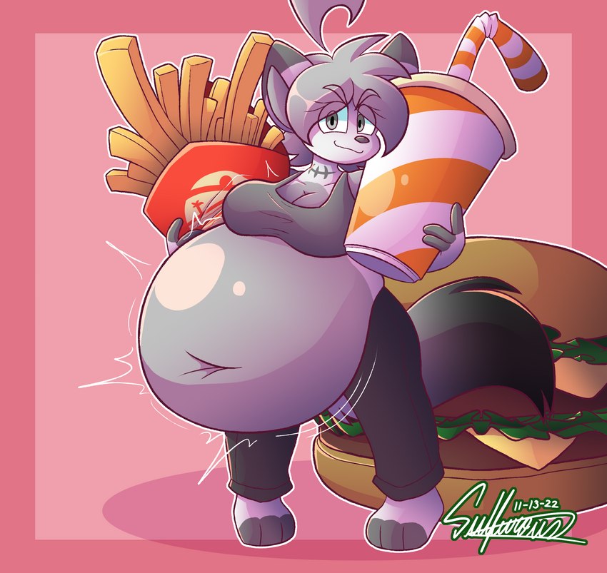 4_fingers >:3 anthro belly big_belly big_breasts breasts burger clothed clothing female fingers food fur grey_body grey_fur hair looking_at_viewer navel obese overweight overweight_female shirt simple_background slightly_chubby smile smug solo tail thick_thighs topwear white_body white_fur wide_hips ghostlyfoxy nala_(ghostlyfoxy) canid canine fox ghost mammal spirit digital_drawing_(artwork) digital_media_(artwork) hi_res signature