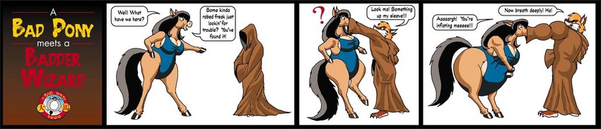 air_inflation anthro black_hair clothing duo female forced forced_inflation hair inflation male robe speech_bubble swimwear text wide_image fuusenroba canid canine equid equine fox horse mammal 2000 comic english_text hi_res long_image