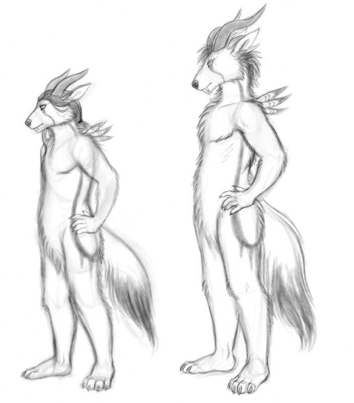 anthro duo fangs feathers female fur horn male nude simple_background teeth conditional_dnp ratte legacy_(ratte) highland_psycrhen psycrhen 2015 better_version_at_source digital_media_(artwork) full-length_portrait greyscale hi_res monochrome portrait