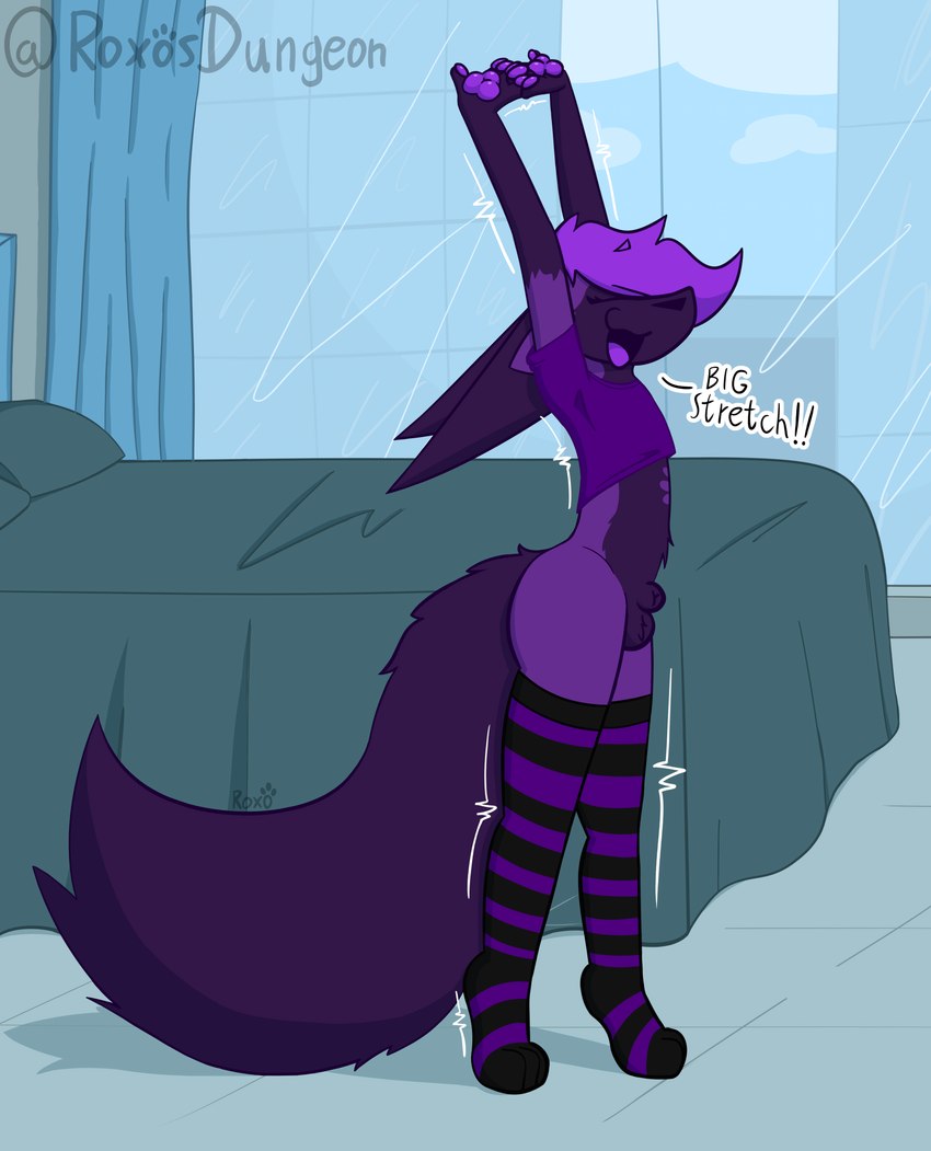 animal_genitalia anthro bed big_ears big_tail building clothed clothing crop_top crossdressing curtains_open detailed_background dialogue femboy fully_sheathed fur furniture genitals glass_window hair legwear male no_underwear panties paw_markings pawpads paws purple_body purple_clothing purple_fur purple_hair sheath shirt skyscraper solo stretching tail thigh_highs topwear underwear roxo_(artist) roxo canid canine fennec_fox fox mammal true_fox absurd_res hi_res shaded signature