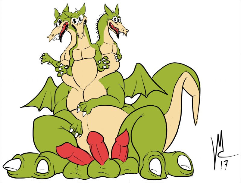 3_heads 3_penises balls barefoot big_feet black_eyes claws erection fangs feet genitals green_balls looking_at_viewer male multi_genitalia multi_head multi_penis nude open_mouth pecs penis sharp_teeth sitting smile solo spread_legs spreading tail teeth toe_claws tongue toony wings vyx cuphead_(game) european_mythology greek_mythology mythology grim_matchstick dragon dragon_taur hydra mythological_creature mythological_scalie scalie taur western_dragon