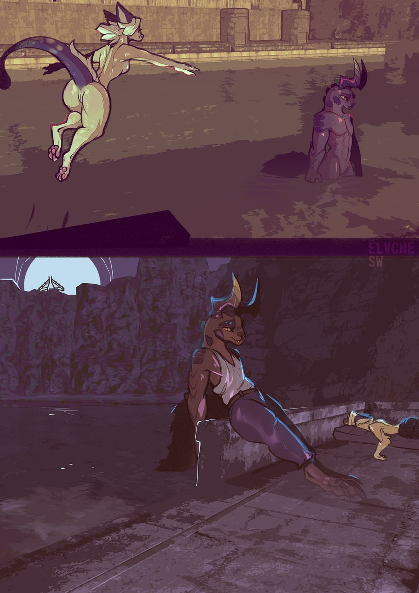 anus bathing butt claws clothing dam female genitals horn jumping mattress moon nude pawpads pelvic_fins pussy radio_tower relaxing sleeping tail toe_claws water conditional_dnp elvche scalywanderer fallout microsoft lazy_(elvche) tori_(elvche) deathclaw night_stalker_(fallout) scalie 2023 artist_collaboration comic hi_res