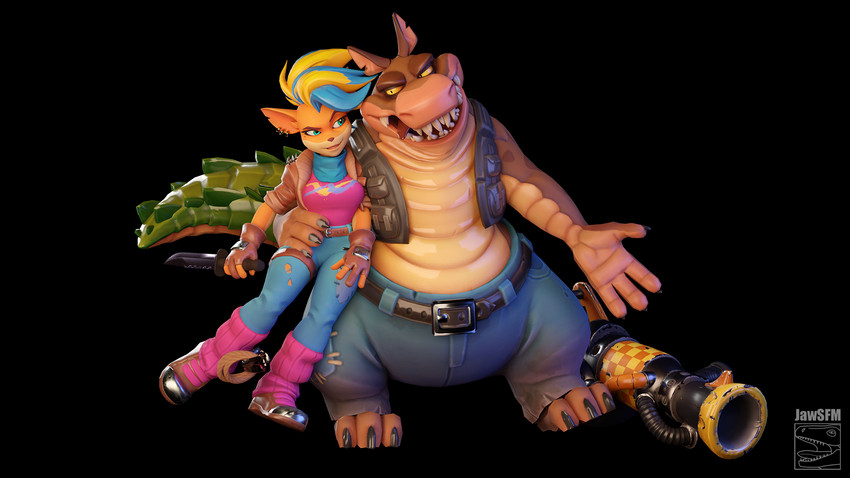 anthro black_background clothed clothing duo eye_contact female hair knife looking_at_another male male/female multicolored_hair simple_background jawsfm activision crash_bandicoot_(series) dingodile pirate_tawna bandicoot canid canine canis crocodile crocodilian dingo hybrid mammal marsupial reptile scalie 16:9 3d_(artwork) digital_media_(artwork) hi_res widescreen