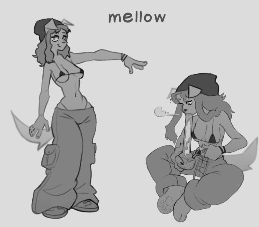 anthro beanie bong bottomwear bra breasts cleavage clothed clothing dog_tail drugs female footwear hat headgear headwear lighting_bong navel oversized_bottomwear oversized_clothing oversized_pants pants pawpads shoeless shoes smoking solo underwear visible_underwear sevokin mello_(sevokin) canid canine mammal monochrome