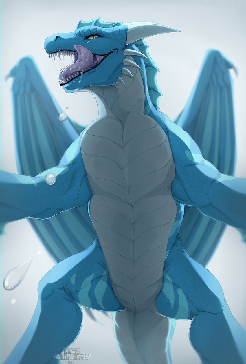 ambiguous_feral ambiguous_gender blue_body blue_frill blue_scales blue_wings bodily_fluids cheek_spikes drooling facial_spikes fangs featureless_crotch feral frill_(anatomy) glistening glistening_eyes head_crest head_frill horn licking licking_lips licking_own_lips looking_at_viewer low-angle_view membrane_(anatomy) membranous_wings narrowed_eyes nude open_mouth purple_tongue saliva scales simple_background solo spikes spikes_(anatomy) spread_legs spreading standing_over tail teeth tongue tongue_out white_background white_body white_horn white_scales wings yellow_eyes santanahoffman mythology kyleth dragon mythological_creature mythological_scalie scalie absurd_res hi_res