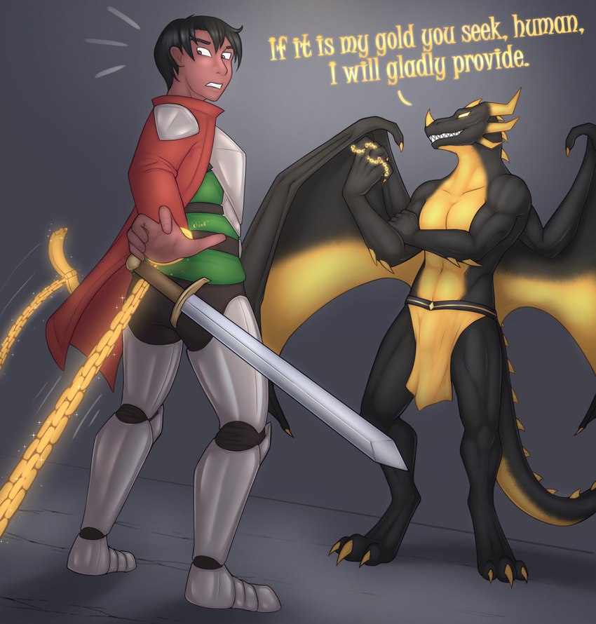 anthro black_hair clothed clothing dialogue duo hair knight magic male melee_weapon membrane_(anatomy) membranous_wings multicolored_body spike_ridge sword tail text two_tone_body warrior weapon wings daf mythology jv dragon human mammal mythological_creature mythological_scalie scalie colored english_text hi_res