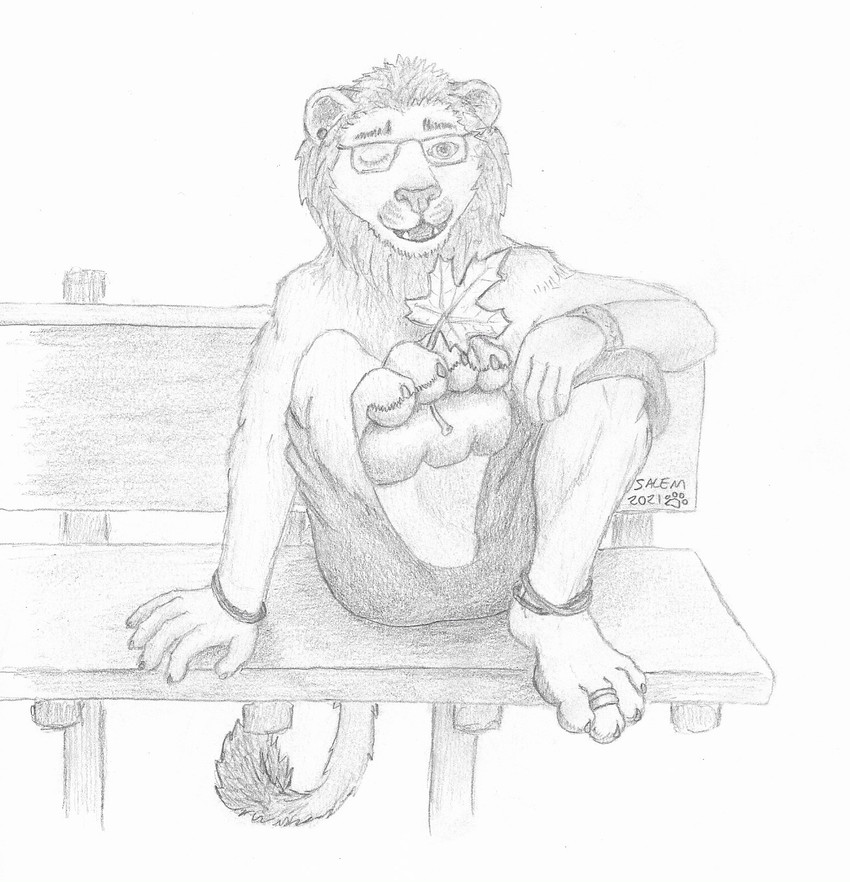 4_toes anklet anthro curling_toes digit_ring digitigrade eyewear feet foot_fetish foot_focus glasses holding_object_with_feet jewelry leaf looking_at_viewer male object_between_toes one_eye_closed pawpads paws ring solo toe_ring toes wink winking_at_viewer salem_(hollowvoice) salem_(kreoche) felid lion mammal pantherine hi_res