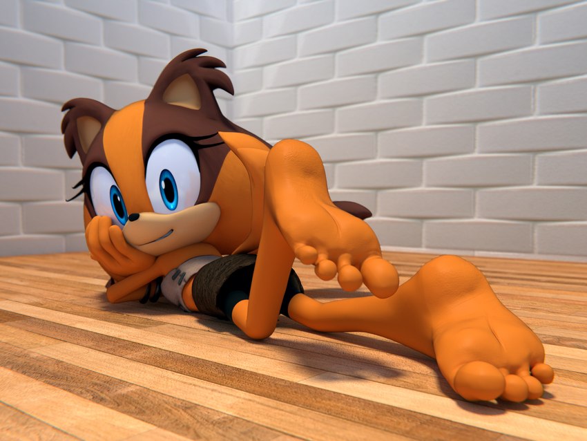 4_toes anthro barefoot blue_eyes clothed clothing feet female looking_at_viewer looking_back orange_body soles solo toes feetymcfoot sega sonic_boom sonic_the_hedgehog_(series) sticks_the_jungle_badger badger mammal mustelid musteline 2017 3d_(artwork) 4:3 digital_media_(artwork) hi_res