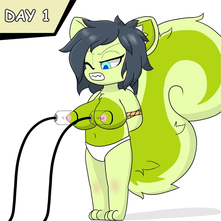 anthro big_breasts black_hair blue_eyes breasts clothing female fur green_body green_fur hair machine milking_machine nipples panties rope solo tail underwear white_clothing white_panties white_underwear young young_anthro young_female milkis2000 mammal rodent sciurid tree_squirrel 1:1