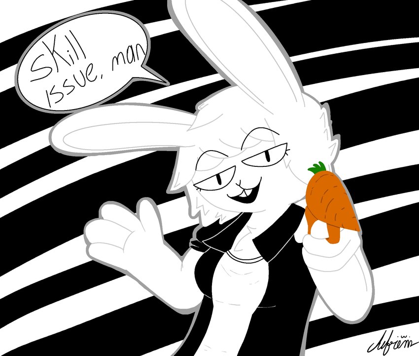 anthro big_teeth black_clothing breaking_the_fourth_wall carrot clothing female food fur gun plant ranged_weapon shirt solo speech_bubble teeth topwear toy toy_gun vegetable weapon white_body white_clothing white_fur chefrens humanoid lagomorph leporid mammal rabbit hi_res