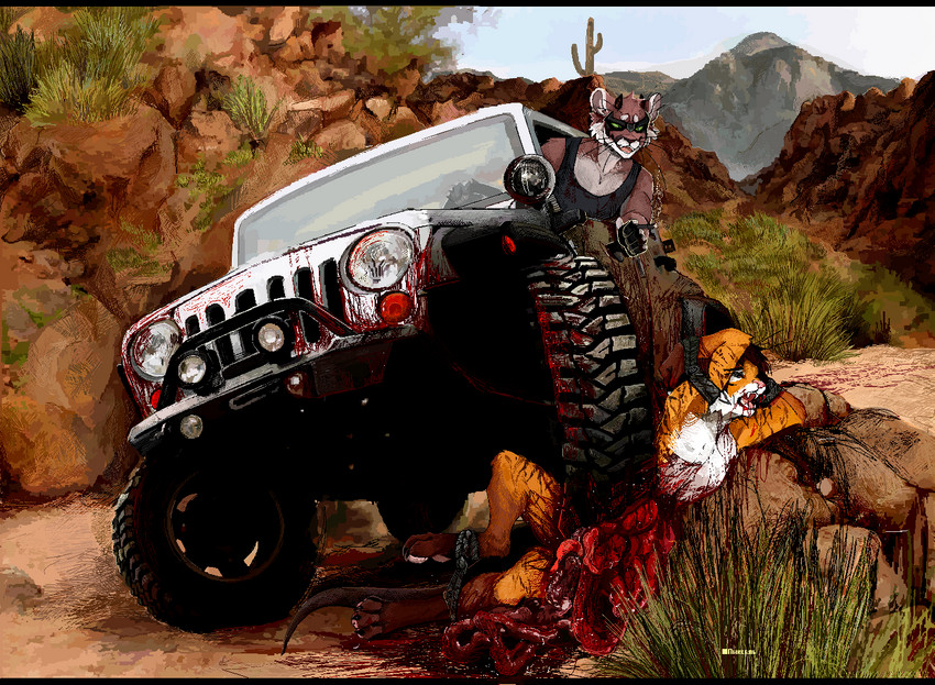 accident anthro arms_above_head arms_tied black_hair blood blood_splatter bodily_fluids bound brown_body brown_fur cactus car chain chained cigar cigarette clothed clothed/nude clothing death detailed_background door driving duo ears_up eyes_closed fluffy fur glass gore grass guts hair hands_behind_head happy headlights holding_object inner_ear_fluff inside_car inside_vehicle killing landscape lights looking_at_another looking_pleasured lying machine male markings mirror monotone_hair mountain multicolored_body multicolored_fur nude on_back open_mouth orange_body orange_fur organs plant road roadkill rock screaming sitting sky smile smoke tan_body tan_fur tuft vehicle violence wheel whiskers white_body white_fur window jeffusherb jeep cougar felid feline hybrid lion mammal pantherine tiger detailed digital_media_(artwork) pixel_(artwork)