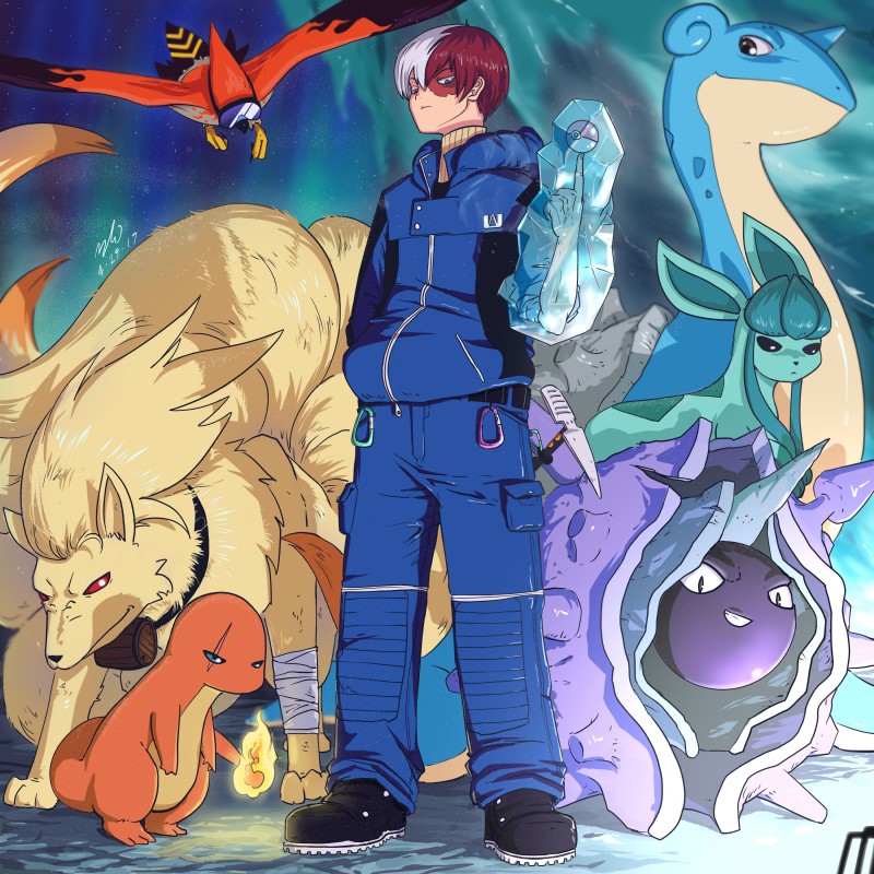 countershading eyewear feral fire goggles group hair ice icepick male pokeball pose red_hair scar split_color_hair standard_pokeball team_pose white_hair zeaw90 my_hero_academia nintendo pokemon todoroki_shouto avian bird canid canine charmander cloyster eeveelution generation_1_pokemon generation_4_pokemon generation_6_pokemon glaceon human lapras mammal marine mollusk ninetales pokemon_(species) reptile scalie talonflame 1:1 absurd_res crossover hi_res