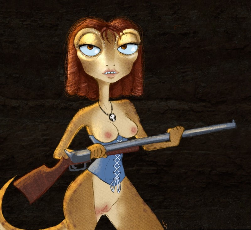 black_background breasts brown_eyes female genitals girdle gun hair half-closed_eyes jewelry locket looking_at_viewer narrowed_eyes necklace nipples non-mammal_breasts non-mammal_nipples pussy ranged_weapon shotgun simple_background solo tail teeth weapon phenominalcosmicpowers rango_(movie) beans_(rango) desert_iguana iguana iguanid lizard reptile scalie 2019