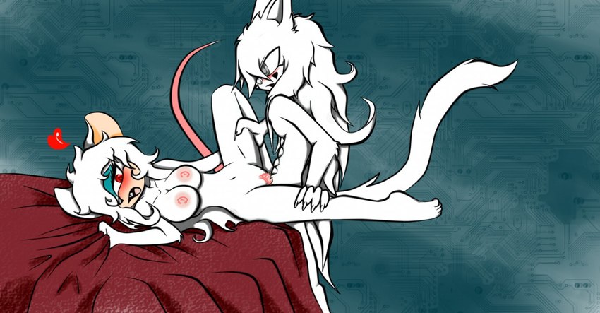 anthro bed breasts circuit duo exposed_breasts eyewear female fur furniture glasses hair male male/female nude white_body white_fur white_hair mika_(aditimalal) felid mammal mouse murid murine rodent