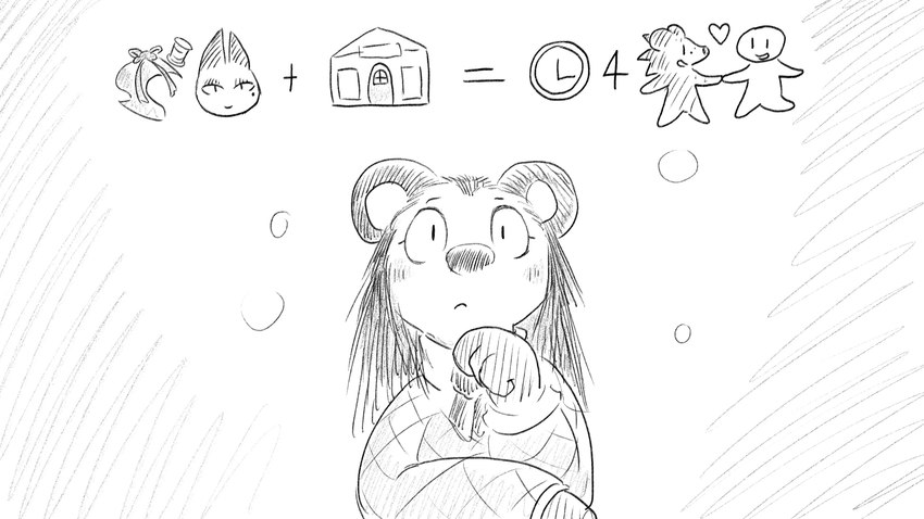 anthro blush building clock clothing female hand_holding house kerchief math neckerchief pensive pictographics solo sweater thinking topwear dragonweirdo animal_crossing nintendo olivia_(animal_crossing) sable_able eulipotyphlan felid feline hedgehog mammal 16:9 hi_res monochrome widescreen