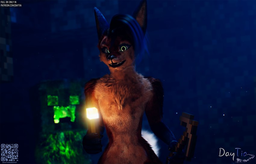 anthro black_body black_fur blue_body blue_fur blue_hair cave colored_sclera detailed_fur expressive facial_expression fluffy fluffy_tail fur fur_markings fur_texture glowing glowing_eyes green_eyes hair light_source long_hair long_tail markings mine minecraft_block multicolored_body multicolored_fur parody pickaxe pointy_ears pose posed red_body red_fur smile solo standing stone_wall striped_body striped_fur stripes tail text torch underground video_game_reference wall_(structure) white_body white_fur daytia c4d microsoft minecraft mojang torchlight xbox_game_studios animal_humanoid creeper humanoid rexouium 3d_(artwork) cinema_4d_(artwork) crossover detailed digital_media_(artwork) hi_res shaded soft_shading url