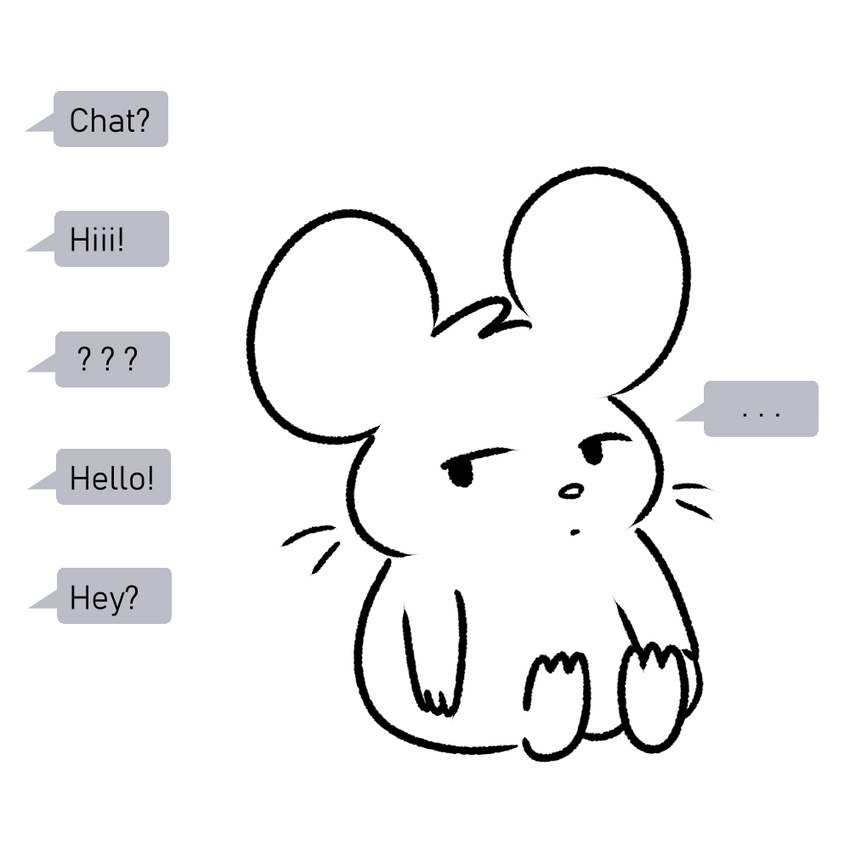 annoyed anthro chat ellipsis greeting male simple_background sitting solo speech_bubble text tired whiskers white_background nishi_oxnard oxynard cricetid hamster mammal rodent 1:1 english_text monochrome