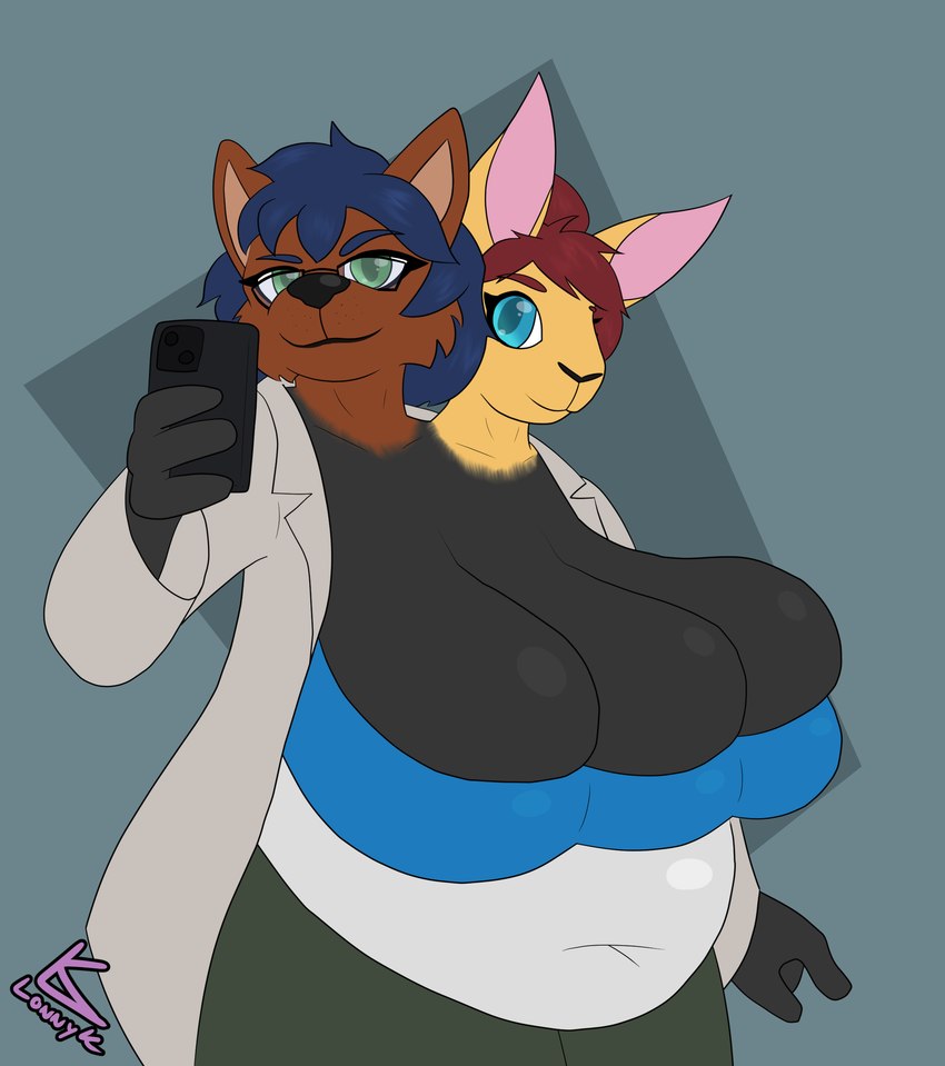 2_heads anthro belly_overhang big_breasts breasts cellphone cleavage cleavage_overflow clothed clothing coat conjoined duo electronics female female/female lab_coat multi_head overweight overweight_female phone sagging_breasts selfie smartphone topwear lonnyk canid canine lagomorph leporid mammal rabbit absurd_res hi_res