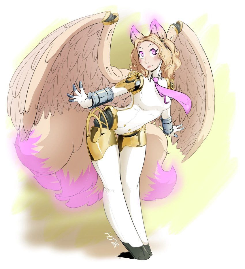 breasts cosplay feathered_wings feathers female machine multi_tail necktie pink_eyes simple_background smile solo tail wings helixjack atlus megami_tensei megami_tensei_persona persona_(series) persona_3 sega aigis_(persona) animal_humanoid canid canid_humanoid canine canine_humanoid fox_humanoid humanoid mammal mammal_humanoid robot robot_humanoid 2018 absurd_res hi_res