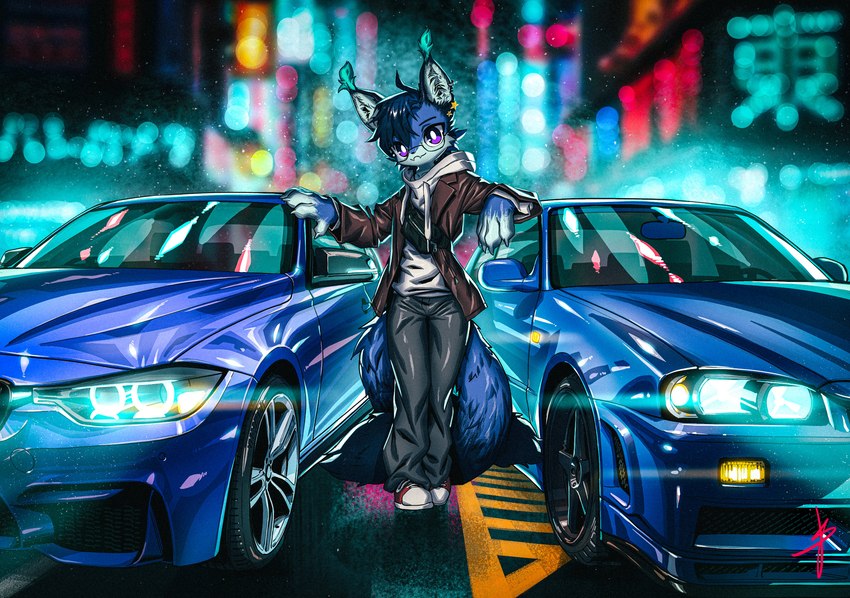 2_tails anthro blue_hair blurred_background car cheek_tuft city claws clothing detailed_background ear_piercing ear_ring ear_tuft facial_tuft fanny_pack fingerless_(marking) fluffy fluffy_tail footwear front_view hair headlights hoodie inner_ear_fluff jacket legs_together lens_flare looking_at_viewer male male_anthro multi_tail night notched_ear outside piercing purple_eyes ring_piercing shoes smile solo standing street tail topwear tuft vehicle blaedic bmw nissan nissan_skyline freyr_(freyrmts) domestic_cat felid feline felis maine_coon mammal 2022 absurd_res full-length_portrait hi_res portrait