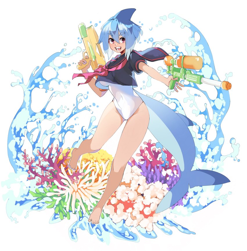 5_toes action_pose barefoot blue_hair clothing feet female fin hair head_fin holding_object humanoid_feet kerchief looking_away neckerchief neckwear one-piece_swimsuit open_mouth plantigrade pose red_eyes sailor_uniform shark_tail sharp_teeth short_hair solo spread_toes swimwear teeth toes toy toy_gun water_gun azuumori mako_(azuumori) animal_humanoid fish fish_humanoid humanoid marine marine_humanoid shark_humanoid absurd_res full-length_portrait hi_res portrait